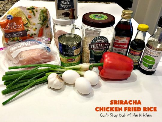Sriracha Chicken Fried Rice | Can't Stay Out of the Kitchen | fantastic #chicken #friedrice entree. This one is spiced up with #Sriracha sauce! This 30-minute meal is a winner! #glutenfree #rice
