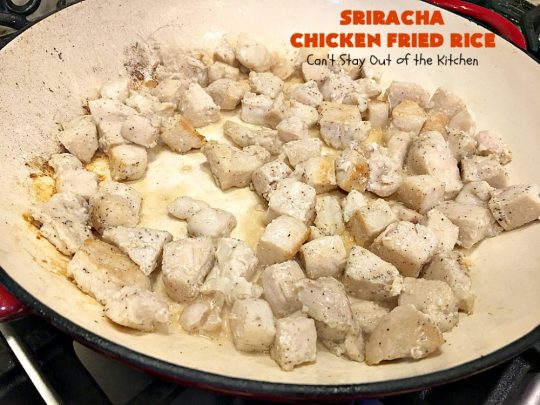 Sriracha Chicken Fried Rice | Can't Stay Out of the Kitchen | fantastic #chicken #friedrice entree. This one is spiced up with #Sriracha sauce! This 30-minute meal is a winner! #glutenfree #rice