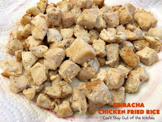 Sriracha Chicken Fried Rice | Can't Stay Out of the Kitchen | fantastic #chicken #friedrice entree. This one is spiced up with #Sriracha sauce! This 30-minute meal is a winner! #glutenfree #rice