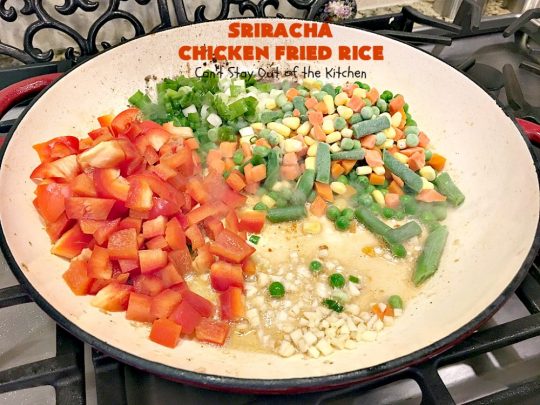 Sriracha Chicken Fried Rice | Can't Stay Out of the Kitchen | fantastic #chicken #friedrice entree. This one is spiced up with #Sriracha sauce! This 30-minute meal is a winner! #glutenfree #rice