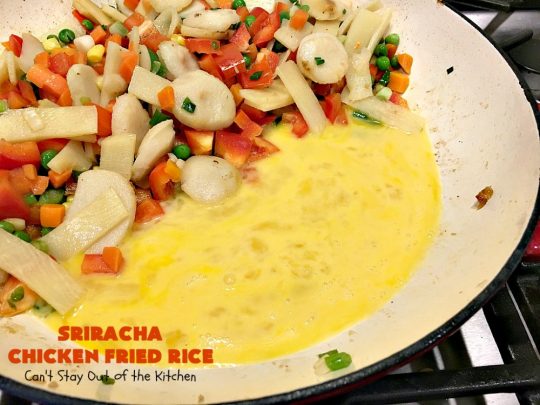 Sriracha Chicken Fried Rice | Can't Stay Out of the Kitchen | fantastic #chicken #friedrice entree. This one is spiced up with #Sriracha sauce! This 30-minute meal is a winner! #glutenfree #rice
