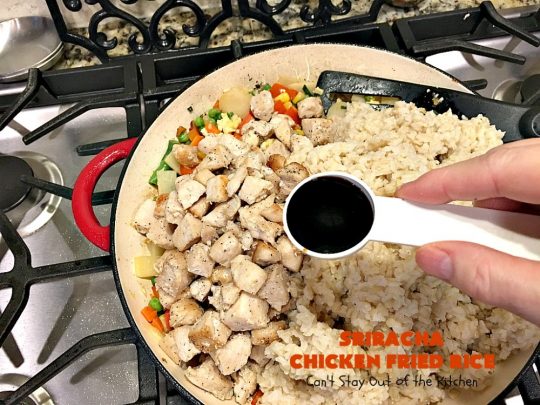 Sriracha Chicken Fried Rice | Can't Stay Out of the Kitchen | fantastic #chicken #friedrice entree. This one is spiced up with #Sriracha sauce! This 30-minute meal is a winner! #glutenfree #rice