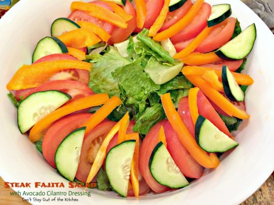 Steak Fajita Salad with Avocado Cilantro Dressing | Can't Stay Out of the Kitchen | this mouthwatering #Tex-Mex #salad has an amazing #avocado #cilantro salad dressing.