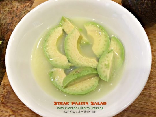 Steak Fajita Salad with Avocado Cilantro Dressing | Can't Stay Out of the Kitchen | this mouthwatering #Tex-Mex #salad has an amazing #avocado #cilantro salad dressing.