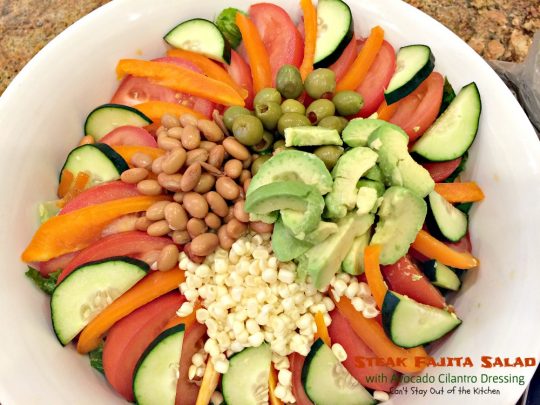 Steak Fajita Salad with Avocado Cilantro Dressing | Can't Stay Out of the Kitchen | this mouthwatering #Tex-Mex #salad has an amazing #avocado #cilantro salad dressing.