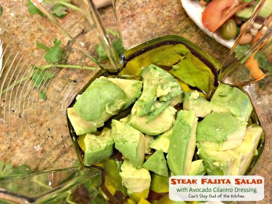 Steak Fajita Salad with Avocado Cilantro Dressing | Can't Stay Out of the Kitchen | this mouthwatering #Tex-Mex #salad has an amazing #avocado #cilantro salad dressing.