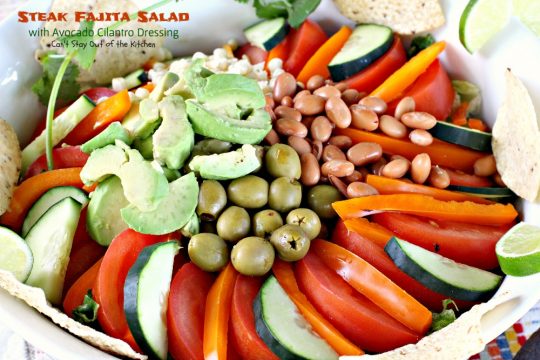Steak Fajita Salad with Avocado Cilantro Dressing | Can't Stay Out of the Kitchen | this mouthwatering #Tex-Mex #salad has an amazing #avocado #cilantro salad dressing.