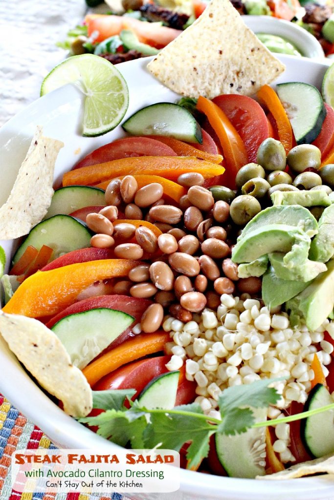 Steak Fajita Salad with Avocado Cilantro Dressing | Can't Stay Out of the Kitchen | this mouthwatering #Tex-Mex #salad has an amazing #avocado #cilantro salad dressing.