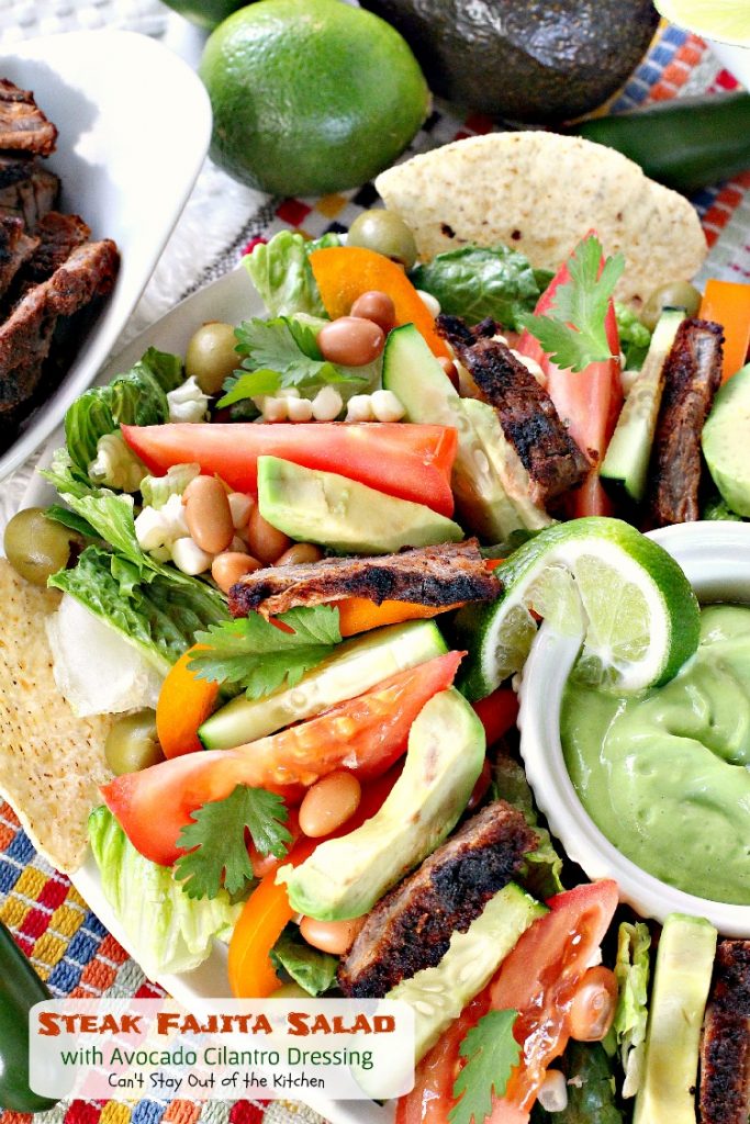 Steak Fajita Salad with Avocado Cilantro Dressing | Can't Stay Out of the Kitchen | this mouthwatering #Tex-Mex #salad has an amazing #avocado #cilantro salad dressing.