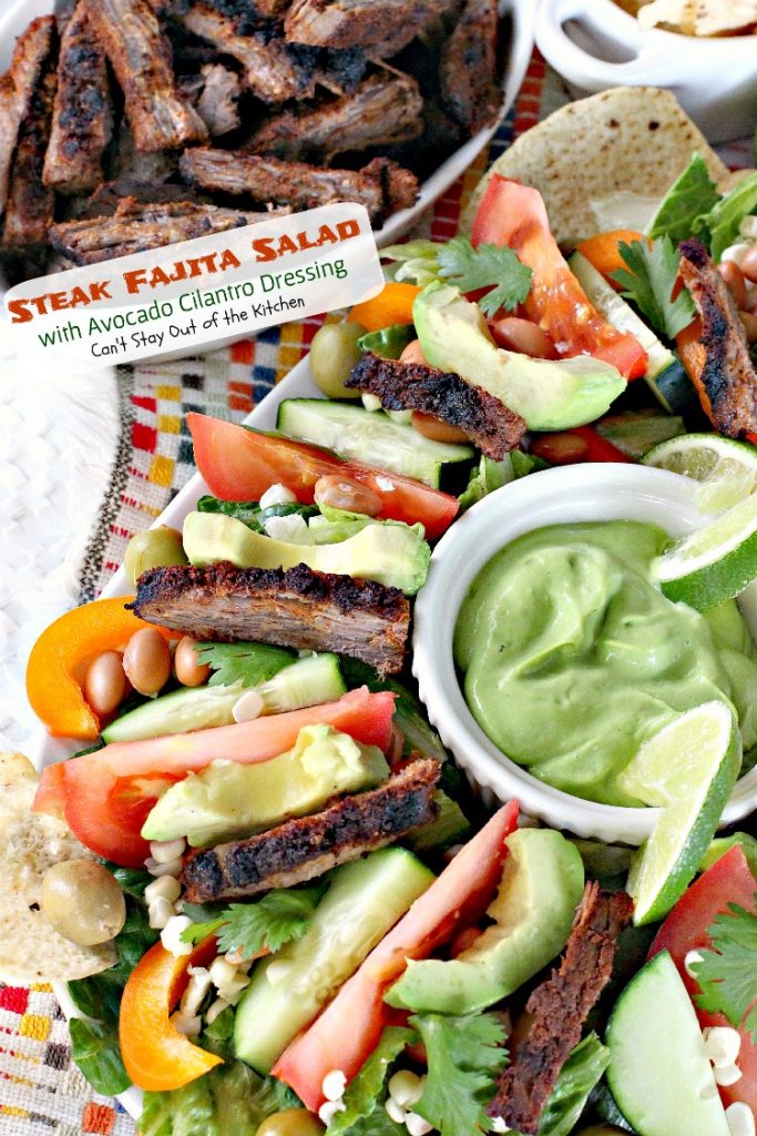 Steak Fajita Salad with Avocado Cilantro Dressing | Can't Stay Out of the Kitchen | this mouthwatering #Tex-Mex #salad has an amazing #avocado #cilantro salad dressing.