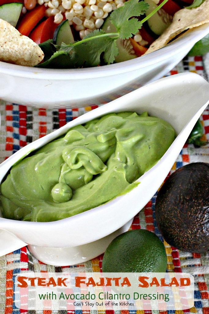Steak Fajita Salad with Avocado Cilantro Dressing | Can't Stay Out of the Kitchen | this mouthwatering #Tex-Mex #salad has an amazing #avocado #cilantro salad dressing.