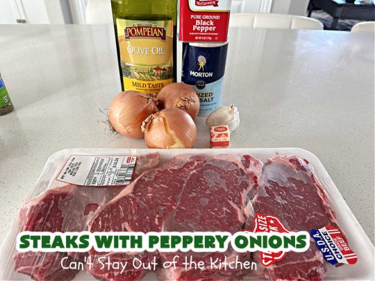 Steaks with Peppery Onions | Can't Stay Out of the Kitchen | this fantastic #GrilledSteak #recipe is so irresistible & mouthwatering. Delicious juicy #steaks are topped with sautéed #onions & are so sumptuous you may go back for seconds of the #SauteedOnions! Quick & easy meals for week-night dinners. #GlutenFree #steak #beef #SteaksWithPepperyOnions