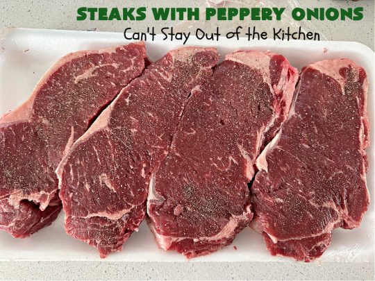 Steaks with Peppery Onions | Can't Stay Out of the Kitchen | this fantastic #GrilledSteak #recipe is so irresistible & mouthwatering. Delicious juicy #steaks are topped with sautéed #onions & are so sumptuous you may go back for seconds of the #SauteedOnions! Quick & easy meals for week-night dinners. #GlutenFree #steak #beef #SteaksWithPepperyOnions
