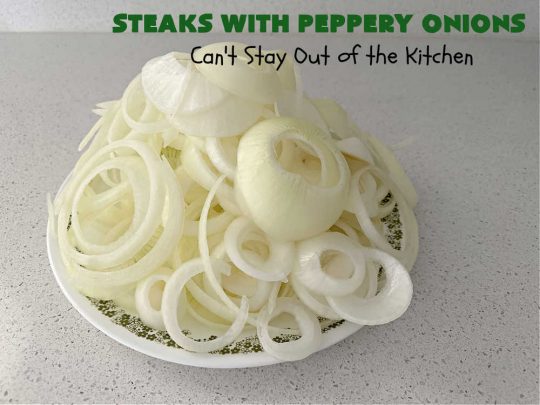 Steaks with Peppery Onions | Can't Stay Out of the Kitchen | this fantastic #GrilledSteak #recipe is so irresistible & mouthwatering. Delicious juicy #steaks are topped with sautéed #onions & are so sumptuous you may go back for seconds of the #SauteedOnions! Quick & easy meals for week-night dinners. #GlutenFree #steak #beef #SteaksWithPepperyOnions