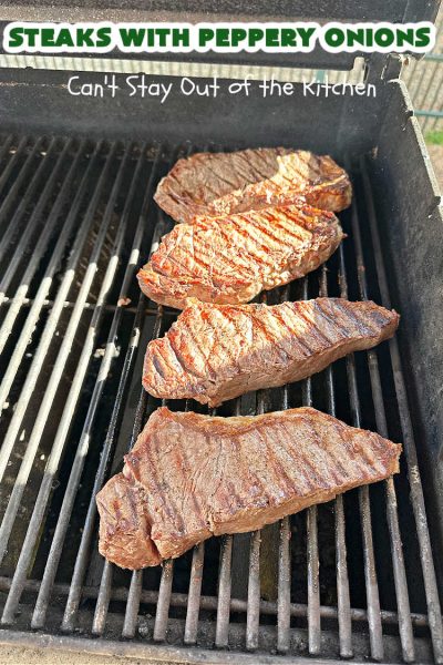 Steaks with Peppery Onions | Can't Stay Out of the Kitchen | this fantastic #GrilledSteak #recipe is so irresistible & mouthwatering. Delicious juicy #steaks are topped with sautéed #onions & are so sumptuous you may go back for seconds of the #SauteedOnions! Quick & easy meals for week-night dinners. #GlutenFree #steak #beef #SteaksWithPepperyOnions