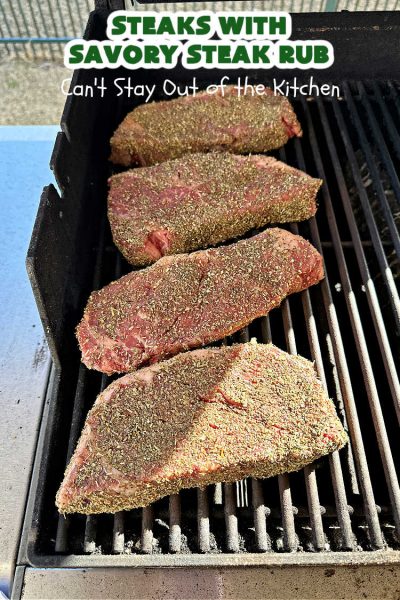 Steaks with Savory Steak Rub | Can't Stay Out of the Kitchen | this delicious #steak #recipe uses only a handful of seasonings as a rub for the meat. Then grill the steaks to your desired doneness. So easy for weeknight dinners, backyard barbecues or grilling out with friends. #GlutenFree #LowCalorie #healthy #beef #SavorySteakRub #SteaksWithSavorySteakRub #GrilledSteak #NewYorkStripSteaks