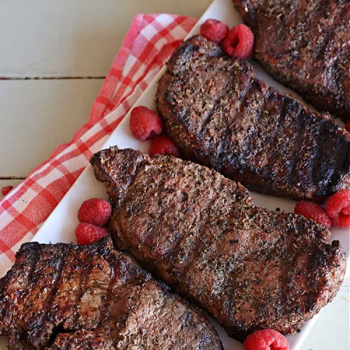 Steaks with Savory Steak Rub | Can't Stay Out of the Kitchen | this delicious #steak #recipe uses only a handful of seasonings as a rub for the meat. Then grill the steaks to your desired doneness. So easy for weeknight dinners, backyard barbecues or grilling out with friends. #GlutenFree #LowCalorie #healthy #beef #SavorySteakRub #SteaksWithSavorySteakRub #GrilledSteak #NewYorkStripSteaks