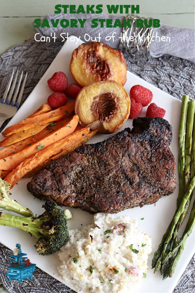 Steaks with Savory Steak Rub | Can't Stay Out of the Kitchen | this delicious #steak #recipe uses only a handful of seasonings as a rub for the meat. Then grill the steaks to your desired doneness. So easy for weeknight dinners, backyard barbecues or grilling out with friends. #GlutenFree #LowCalorie #healthy #beef #SavorySteakRub #SteaksWithSavorySteakRub #GrilledSteak #NewYorkStripSteaks
