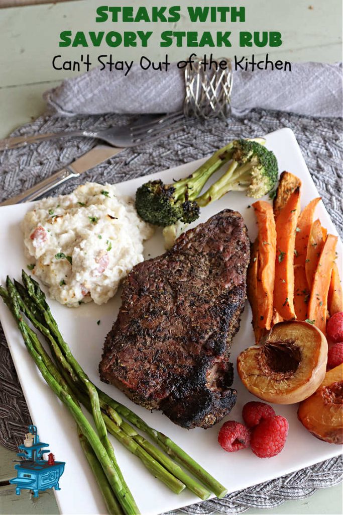Steaks with Savory Steak Rub | Can't Stay Out of the Kitchen | this delicious #steak #recipe uses only a handful of seasonings as a rub for the meat. Then grill the steaks to your desired doneness. So easy for weeknight dinners, backyard barbecues or grilling out with friends. #GlutenFree #LowCalorie #healthy #beef #SavorySteakRub #SteaksWithSavorySteakRub #GrilledSteak #NewYorkStripSteaks