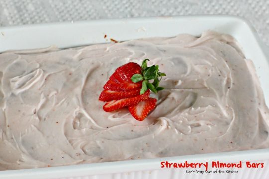 Strawberry Almond Bars | Can't Stay Out of the Kitchen | these luscious bars are made with #strawberries #almonds and #vanillachips and the icing is to die for! #dessert #cookie 