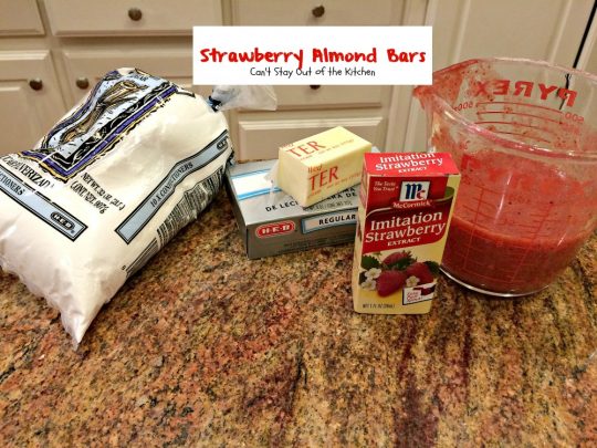 Strawberry Almond Bars | Can't Stay Out of the Kitchen | these luscious bars are made with #strawberries #almonds and #vanillachips and the icing is to die for! #dessert #cookie 