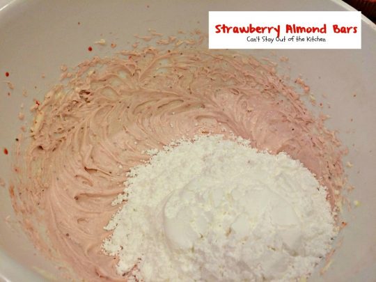Strawberry Almond Bars | Can't Stay Out of the Kitchen | these luscious bars are made with #strawberries #almonds and #vanillachips and the icing is to die for! #dessert #cookie 