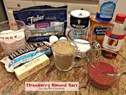 Strawberry Almond Bars | Can't Stay Out of the Kitchen | these luscious bars are made with #strawberries #almonds and #vanillachips and the icing is to die for! #dessert #cookie 