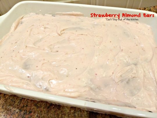 Strawberry Almond Bars | Can't Stay Out of the Kitchen | these luscious bars are made with #strawberries #almonds and #vanillachips and the icing is to die for! #dessert #cookie 