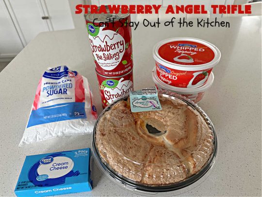 Strawberry Angel Dessert | Can't Stay Out of the Kitchen | this spectacular #dessert is rich, decadent & divine! It uses only 5 ingredients & can be whipped up in about 10 minutes. No one will believe this luscious #StrawberryDessert is so easy to make! Perfect for #holiday celebrations, company dinners or even #BackyardBarbecues. Always a crowd-pleaser. #strawberry #CreamCheese #StrawberryPieFilling #AngelFoodCake #StrawberryAngelTrifle #StrawberryAngelDessert