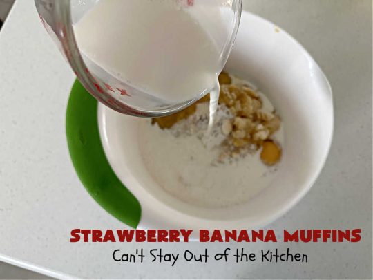 Strawberry Banana Muffins | Can't Stay Out of the Kitchen | These fantastic #strawberry #muffins include #applesauce & #bananas to keep them moist & #strawberries to provide pop in flavor & texture. Every bite will knock your socks off! Add a cup of #coffee & you're good to go! Also great for a company or #holiday #breakfast #menu. #StrawberryMuffins #StrawberryBananaMuffins