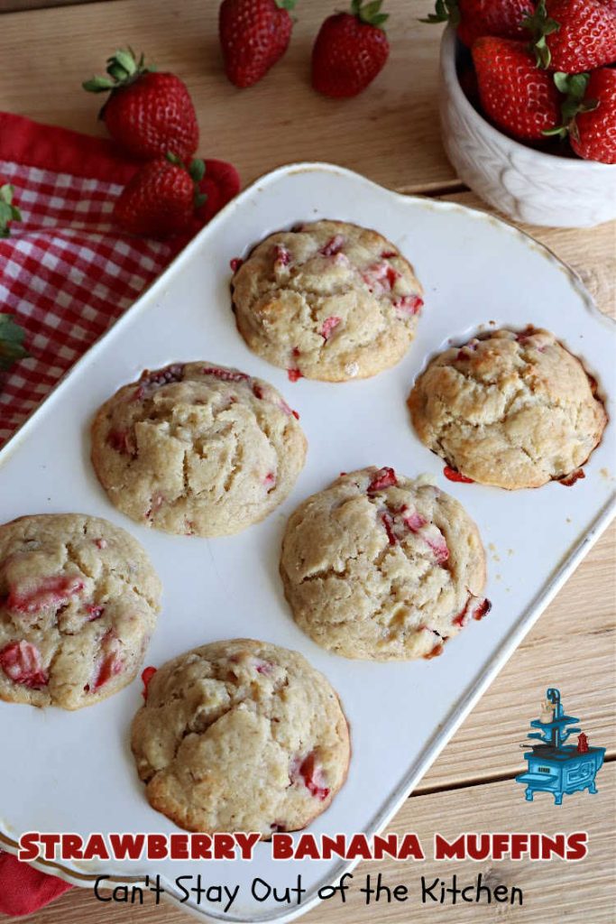 Strawberry Banana Muffins | Can't Stay Out of the Kitchen | These fantastic #strawberry #muffins include #applesauce & #bananas to keep them moist & #strawberries to provide pop in flavor & texture. Every bite will knock your socks off! Add a cup of #coffee & you're good to go! Also great for a company or #holiday #breakfast #menu. #StrawberryMuffins #StrawberryBananaMuffins