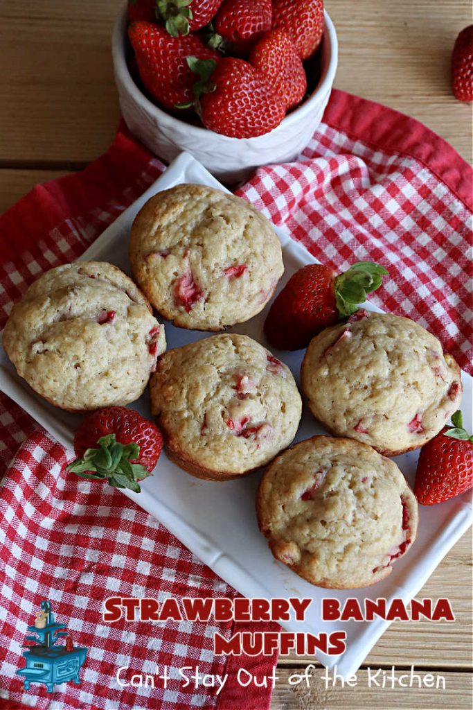 Strawberry Banana Muffins | Can't Stay Out of the Kitchen | These fantastic #strawberry #muffins include #applesauce & #bananas to keep them moist & #strawberries to provide pop in flavor & texture. Every bite will knock your socks off! Add a cup of #coffee & you're good to go! Also great for a company or #holiday #breakfast #menu. #StrawberryMuffins #StrawberryBananaMuffins