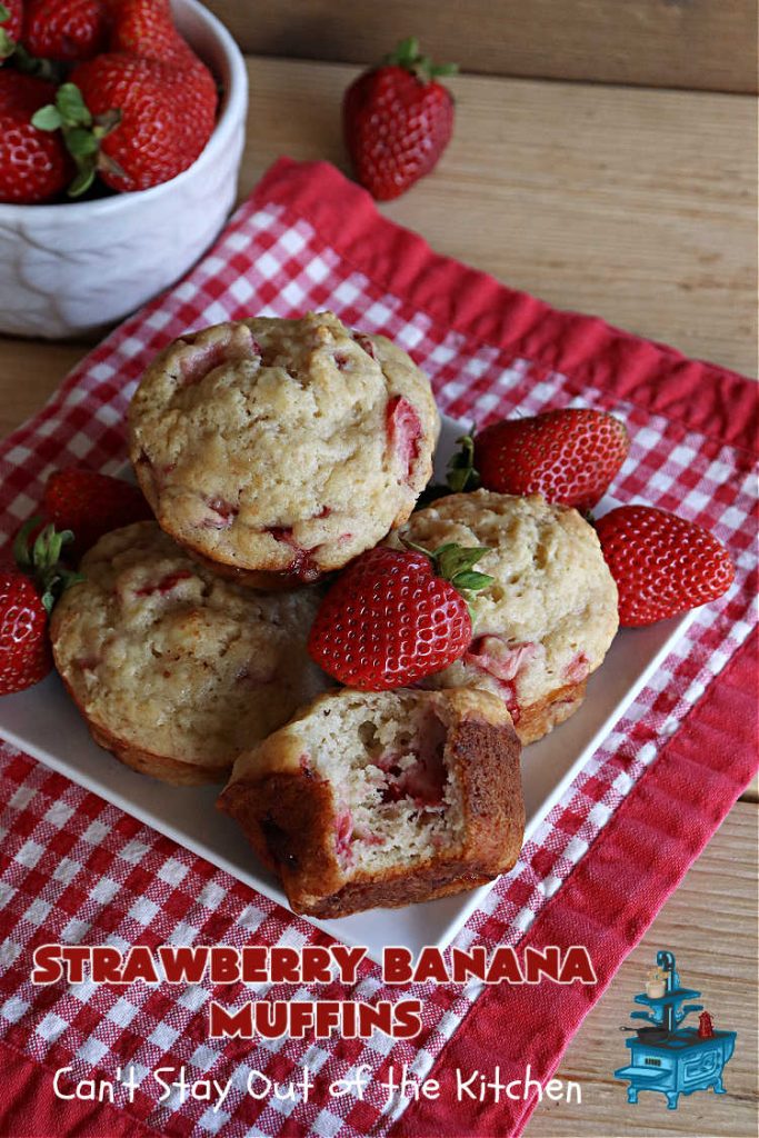 Strawberry Banana Muffins | Can't Stay Out of the Kitchen | These fantastic #strawberry #muffins include #applesauce & #bananas to keep them moist & #strawberries to provide pop in flavor & texture. Every bite will knock your socks off! Add a cup of #coffee & you're good to go! Also great for a company or #holiday #breakfast #menu. #StrawberryMuffins #StrawberryBananaMuffins