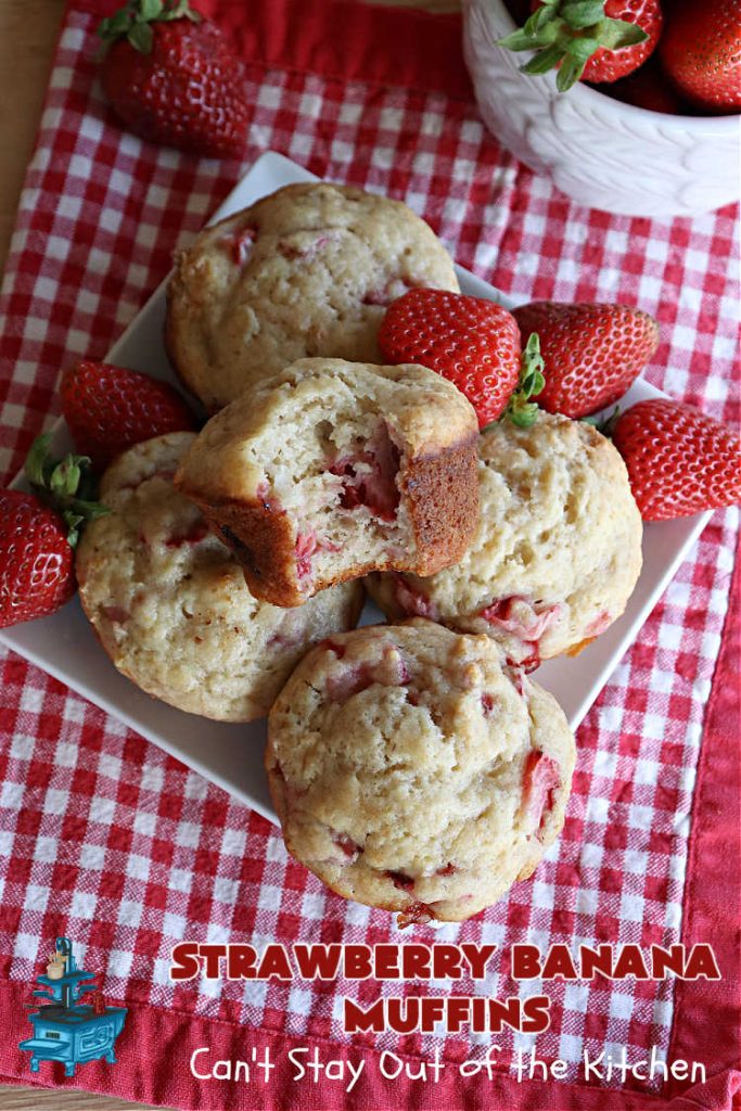 Strawberry Banana Muffins | Can't Stay Out of the Kitchen | These fantastic #strawberry #muffins include #applesauce & #bananas to keep them moist & #strawberries to provide pop in flavor & texture. Every bite will knock your socks off! Add a cup of #coffee & you're good to go! Also great for a company or #holiday #breakfast #menu. #StrawberryMuffins #StrawberryBananaMuffins