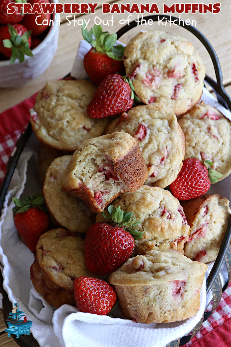 Strawberry Banana Muffins | Can't Stay Out of the Kitchen | These fantastic #strawberry #muffins include #applesauce & #bananas to keep them moist & #strawberries to provide pop in flavor & texture. Every bite will knock your socks off! Add a cup of #coffee & you're good to go! Also great for a company or #holiday #breakfast #menu. #StrawberryMuffins #StrawberryBananaMuffins