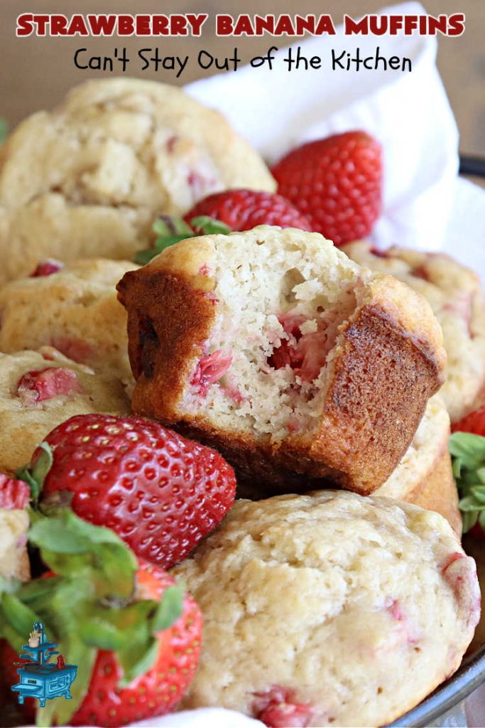 Strawberry Banana Muffins | Can't Stay Out of the Kitchen | These fantastic #strawberry #muffins include #applesauce & #bananas to keep them moist & #strawberries to provide pop in flavor & texture. Every bite will knock your socks off! Add a cup of #coffee & you're good to go! Also great for a company or #holiday #breakfast #menu. #StrawberryMuffins #StrawberryBananaMuffins