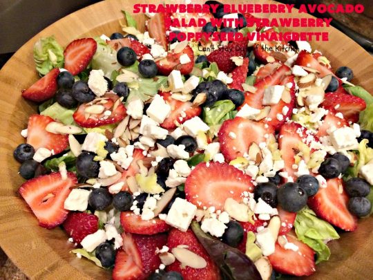 Strawberry Blueberry Avocado Salad with Strawberry Poppyseed Vinaigrette | Can't Stay Out of the Kitchen | this fantastic #salad and homemade dressing takes only about 10 minutes to make. It's festive, beautiful & a refreshing change for summer salads when you're trying to keep the heat out of your house! #blueberries #strawberries #avocados #glutenfree