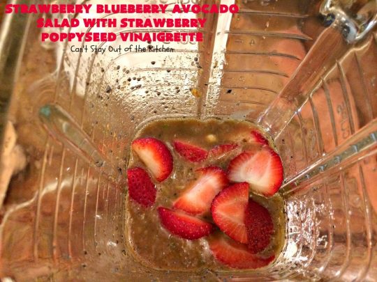Strawberry Blueberry Avocado Salad with Strawberry Poppyseed Vinaigrette | Can't Stay Out of the Kitchen | this fantastic #salad and homemade dressing takes only about 10 minutes to make. It's festive, beautiful & a refreshing change for summer salads when you're trying to keep the heat out of your house! #blueberries #strawberries #avocados #glutenfree