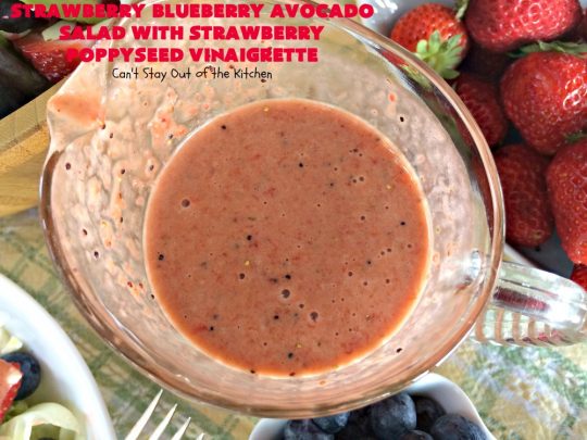 Strawberry Blueberry Avocado Salad with Strawberry Poppyseed Vinaigrette | Can't Stay Out of the Kitchen | this fantastic #salad and homemade dressing takes only about 10 minutes to make. It's festive, beautiful & a refreshing change for summer salads when you're trying to keep the heat out of your house! #blueberries #strawberries #avocados #glutenfree