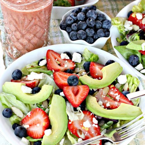 Strawberry Blueberry Avocado Salad with Strawberry Poppyseed Vinaigrette | Can't Stay Out of the Kitchen | this fantastic #salad and homemade dressing takes only about 10 minutes to make. It's festive, beautiful & a refreshing change for summer salads when you're trying to keep the heat out of your house! #blueberries #strawberries #avocados #glutenfree
