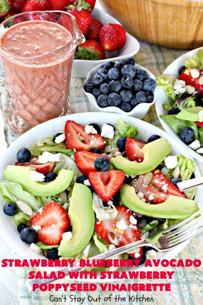 Strawberry Blueberry Avocado Salad with Strawberry Poppyseed Vinaigrette | Can't Stay Out of the Kitchen | this fantastic #salad and homemade dressing takes only about 10 minutes to make. It's festive, beautiful & a refreshing change for summer salads when you're trying to keep the heat out of your house! #blueberries #strawberries #avocados #glutenfree