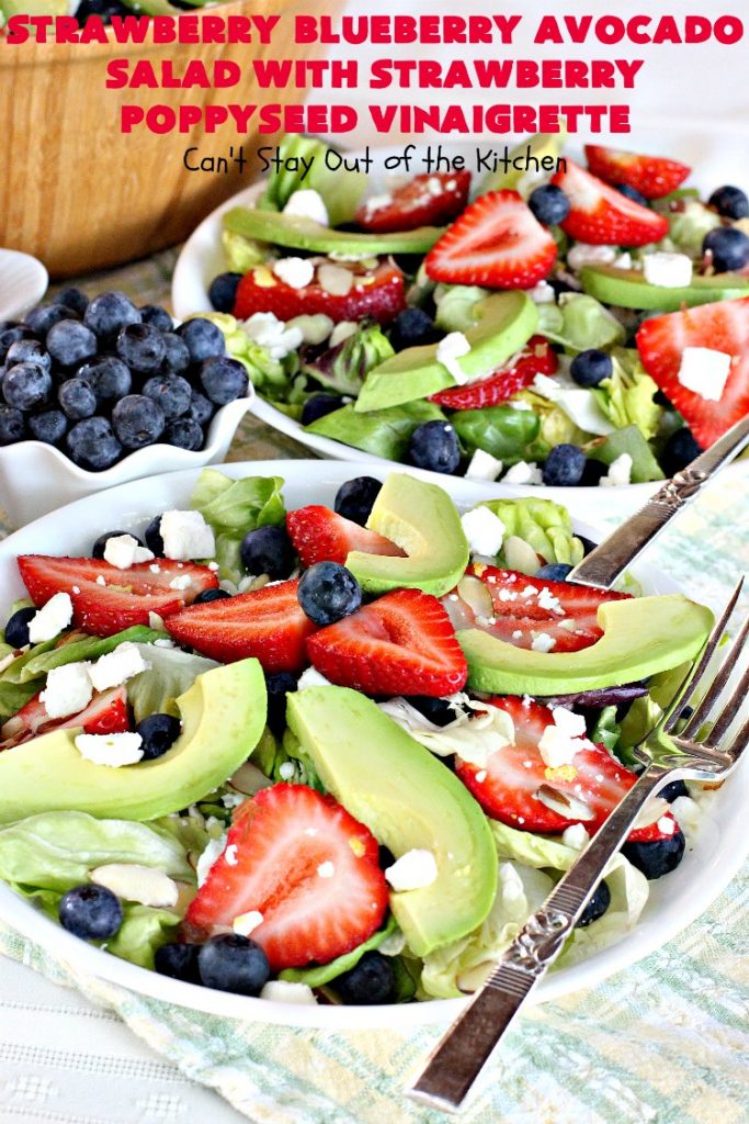 Strawberry Blueberry Avocado Salad with Strawberry Poppyseed Vinaigrette | Can't Stay Out of the Kitchen | this fantastic #salad and homemade dressing takes only about 10 minutes to make. It's festive, beautiful & a refreshing change for summer salads when you're trying to keep the heat out of your house! #blueberries #strawberries #avocados #glutenfree