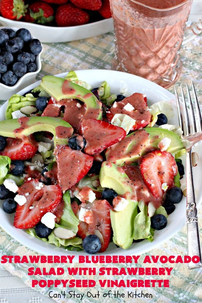 Strawberry Blueberry Avocado Salad with Strawberry Poppyseed Vinaigrette | Can't Stay Out of the Kitchen | this fantastic #salad and homemade dressing takes only about 10 minutes to make. It's festive, beautiful & a refreshing change for summer salads when you're trying to keep the heat out of your house! #blueberries #strawberries #avocados #glutenfree