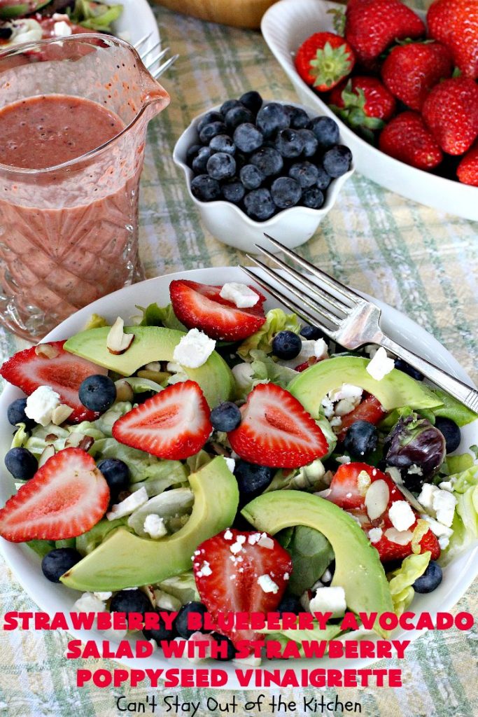 Strawberry Blueberry Avocado Salad with Strawberry Poppyseed Vinaigrette | Can't Stay Out of the Kitchen | this fantastic #salad and homemade dressing takes only about 10 minutes to make. It's festive, beautiful & a refreshing change for summer salads when you're trying to keep the heat out of your house! #blueberries #strawberries #avocados #glutenfree