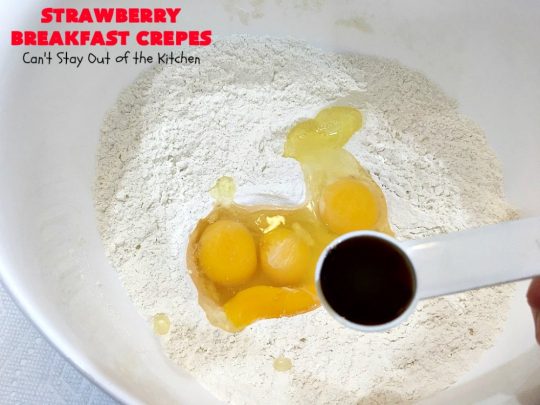 Strawberry Breakfast Crêpes | Can't Stay Out of the Kitchen | these lovely crêpes are filled with a luscious #strawberry filling. They're an excellent choice for a company or #holiday #breakfast. So rich & decadent they taste like eating #dessert! #BreakfastCrêpes #StrawberryBreakfastCrêpes
