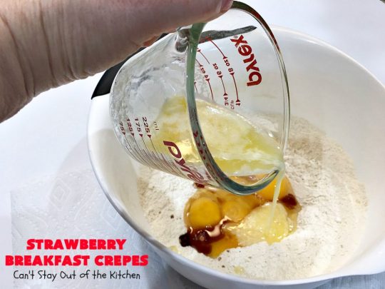 Strawberry Breakfast Crêpes | Can't Stay Out of the Kitchen | these lovely crêpes are filled with a luscious #strawberry filling. They're an excellent choice for a company or #holiday #breakfast. So rich & decadent they taste like eating #dessert! #BreakfastCrêpes #StrawberryBreakfastCrêpes