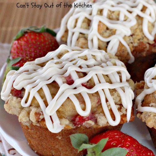 Strawberry Pecan Streusel Muffins | Can't Stay Out of the Kitchen | these fantastic #muffins are filled with #strawberries. They have a #pecan #streusel topping. Then they're glazed with vanilla icing. They're the perfect treat for a company or #holiday #breakfast like #FathersDay. Everyone always raves over them. #BreakfastMuffins #StrawberryMuffins #StrawberryPecanStreuselMuffins