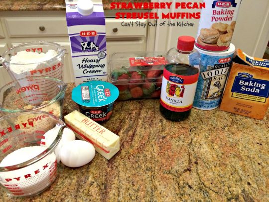 Strawberry Pecan Streusel Muffins | Can't Stay Out of the Kitchen | these fantastic #muffins are filled with #strawberries. They have a #pecan #streusel topping. Then they're glazed with vanilla icing. They're the perfect treat for a company or #holiday #breakfast like #FathersDay. Everyone always raves over them. #BreakfastMuffins #StrawberryMuffins #StrawberryPecanStreuselMuffins
