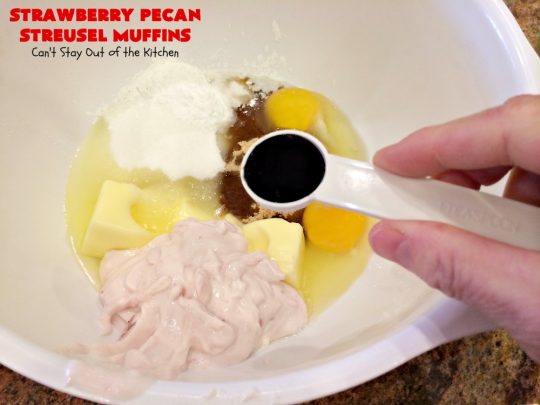 Strawberry Pecan Streusel Muffins | Can't Stay Out of the Kitchen | these fantastic #muffins are filled with #strawberries. They have a #pecan #streusel topping. Then they're glazed with vanilla icing. They're the perfect treat for a company or #holiday #breakfast like #FathersDay. Everyone always raves over them. #BreakfastMuffins #StrawberryMuffins #StrawberryPecanStreuselMuffins