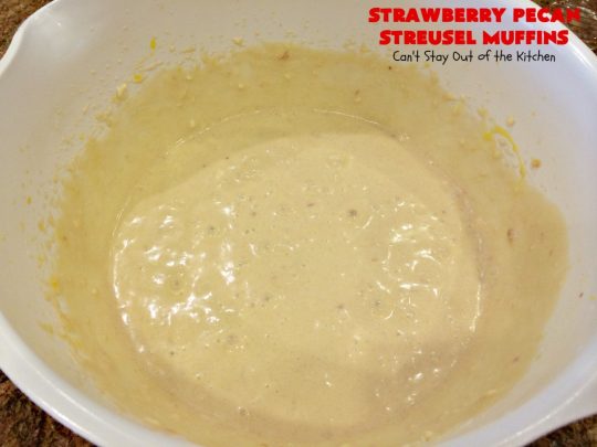 Strawberry Pecan Streusel Muffins | Can't Stay Out of the Kitchen | these fantastic #muffins are filled with #strawberries. They have a #pecan #streusel topping. Then they're glazed with vanilla icing. They're the perfect treat for a company or #holiday #breakfast like #FathersDay. Everyone always raves over them. #BreakfastMuffins #StrawberryMuffins #StrawberryPecanStreuselMuffins